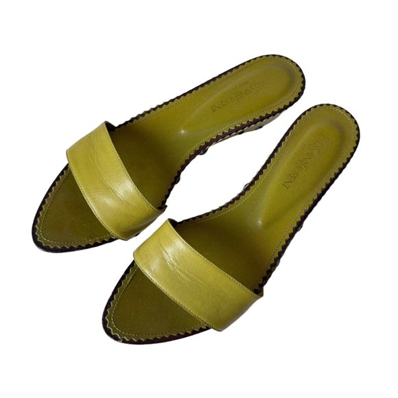 Vintage YVES SAINT LAURENT Green Leather Studded Wooden Slides Sandals Sz.10 - Picture 5 of 16